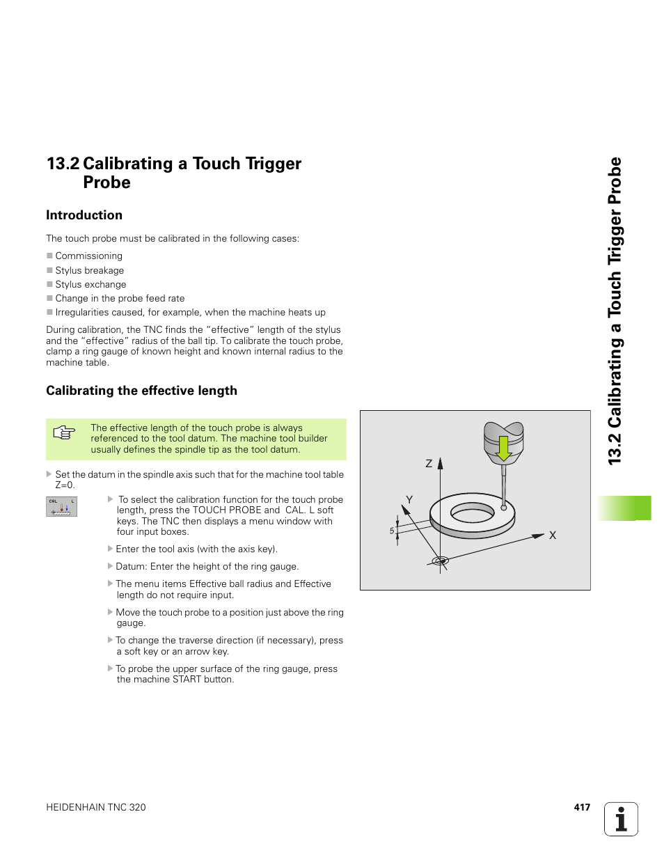 2 calibrating a touch trigger probe, Introduction, Calibrating the effective length | HEIDENHAIN TNC 320 (340 551-01) User Manual | Page 417 / 463