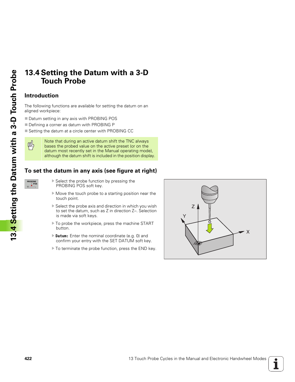 4 setting the datum with a 3-d touch probe, Introduction, To set the datum in any axis (see figure at right) | HEIDENHAIN TNC 320 (340 551-01) User Manual | Page 422 / 463