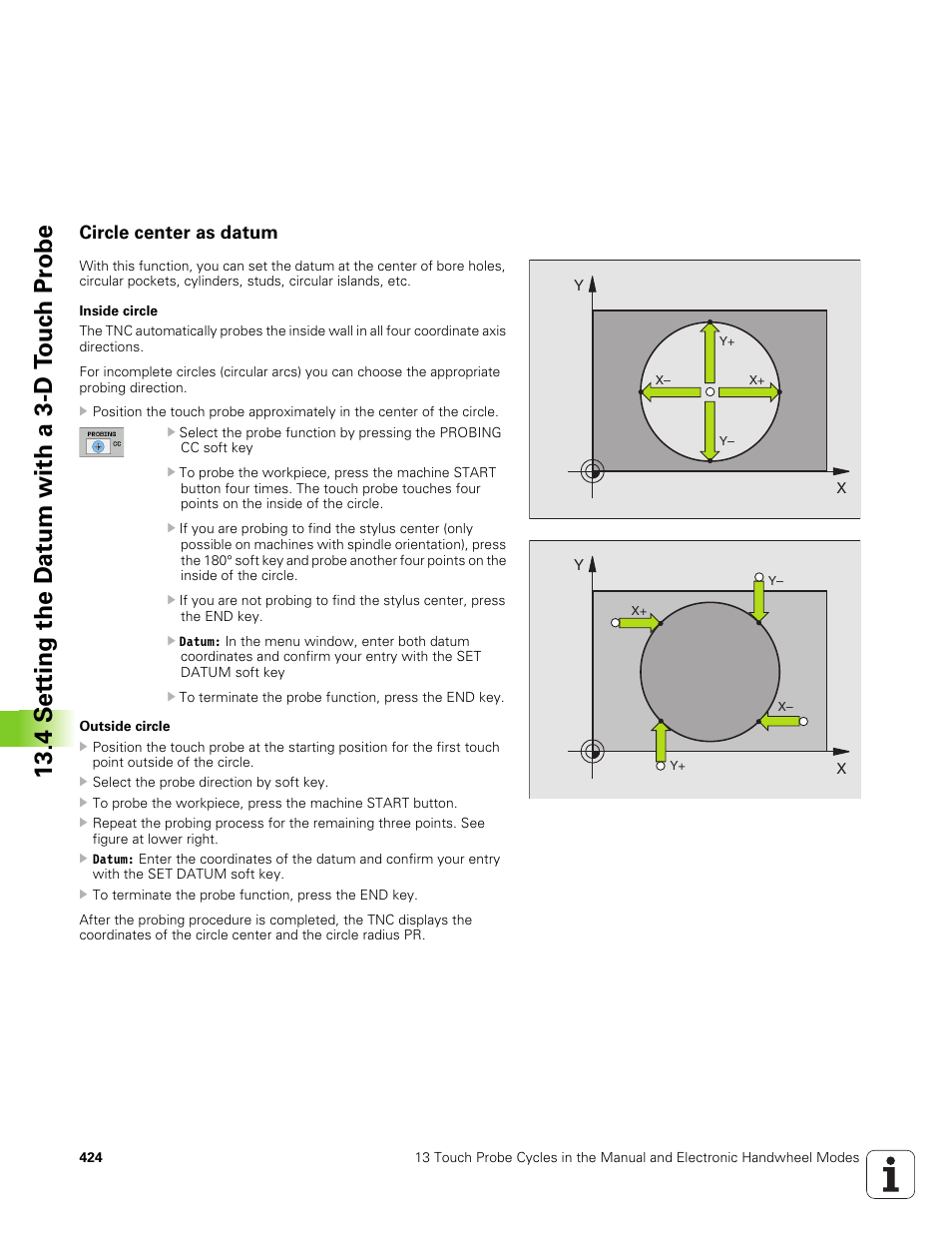 Circle center as datum, 4 set ting the d a tu m with a 3-d t o uc h pr obe | HEIDENHAIN TNC 320 (340 551-01) User Manual | Page 424 / 463