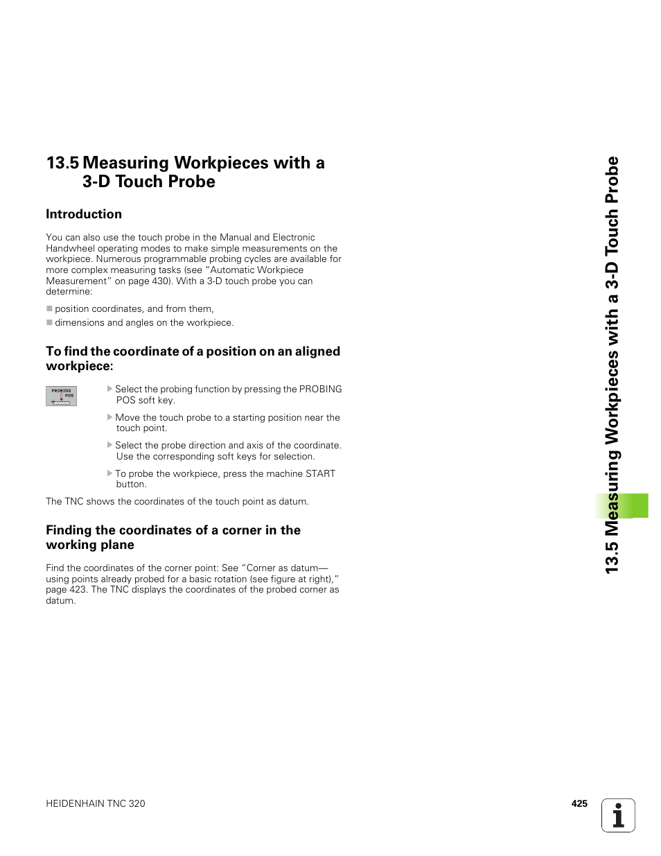 5 measuring workpieces with a 3-d touch probe, Introduction | HEIDENHAIN TNC 320 (340 551-01) User Manual | Page 425 / 463