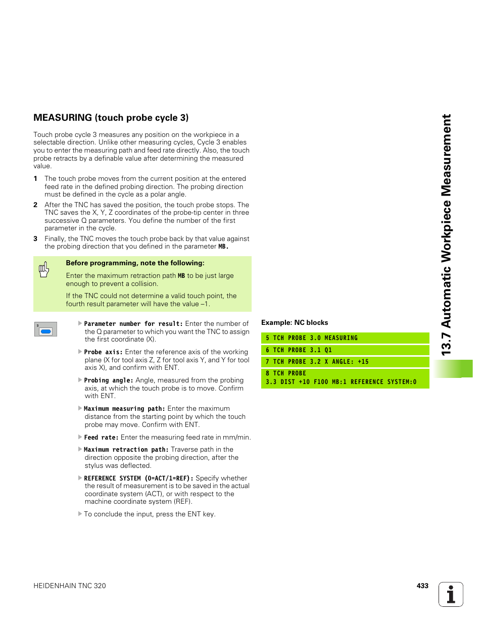 Measuring (touch probe cycle 3), 7 a u to matic w o rk piece measur ement | HEIDENHAIN TNC 320 (340 551-01) User Manual | Page 433 / 463