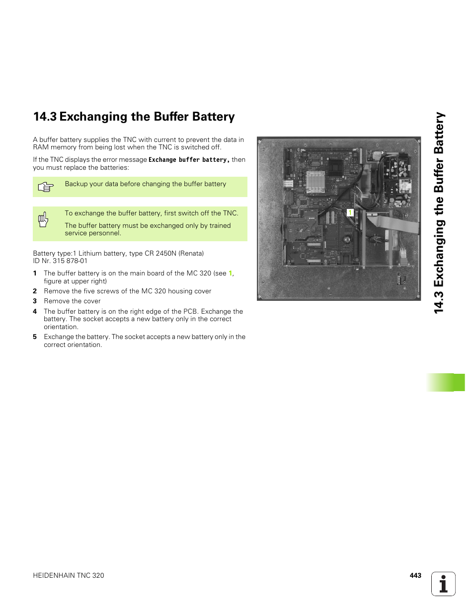 3 exchanging the buffer battery | HEIDENHAIN TNC 320 (340 551-01) User Manual | Page 443 / 463