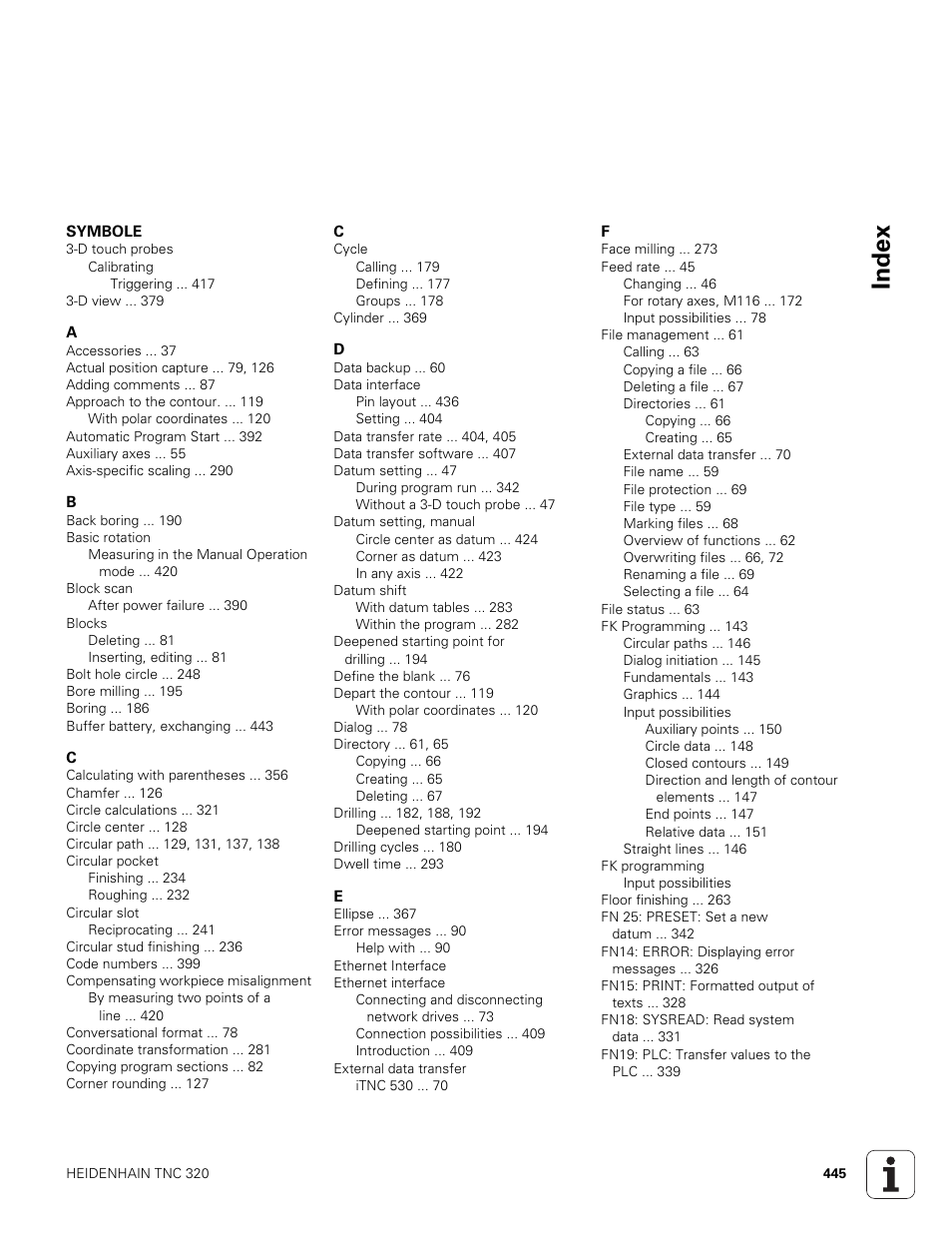 Index | HEIDENHAIN TNC 320 (340 551-01) User Manual | Page 445 / 463