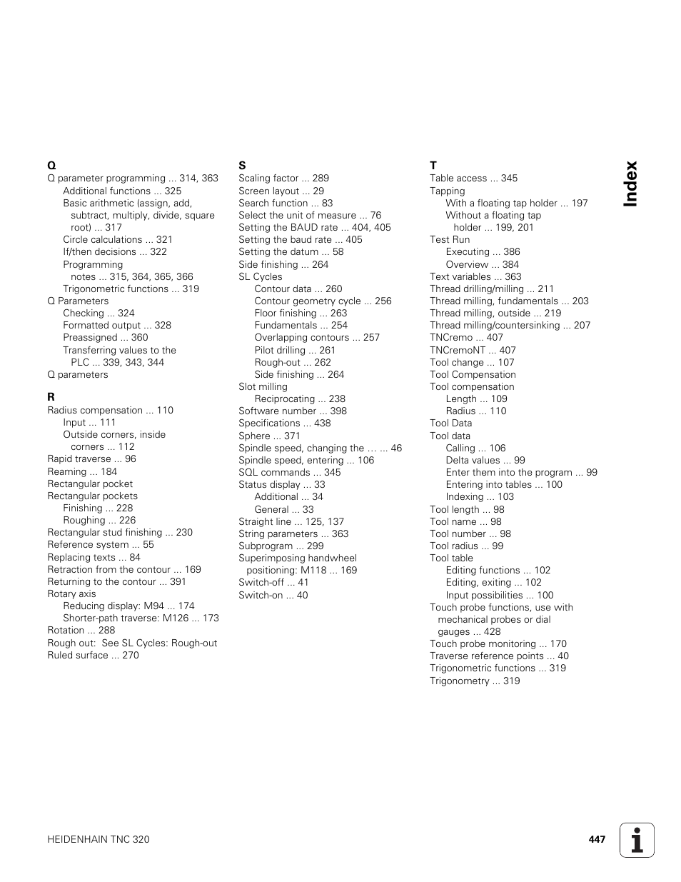 Index | HEIDENHAIN TNC 320 (340 551-01) User Manual | Page 447 / 463