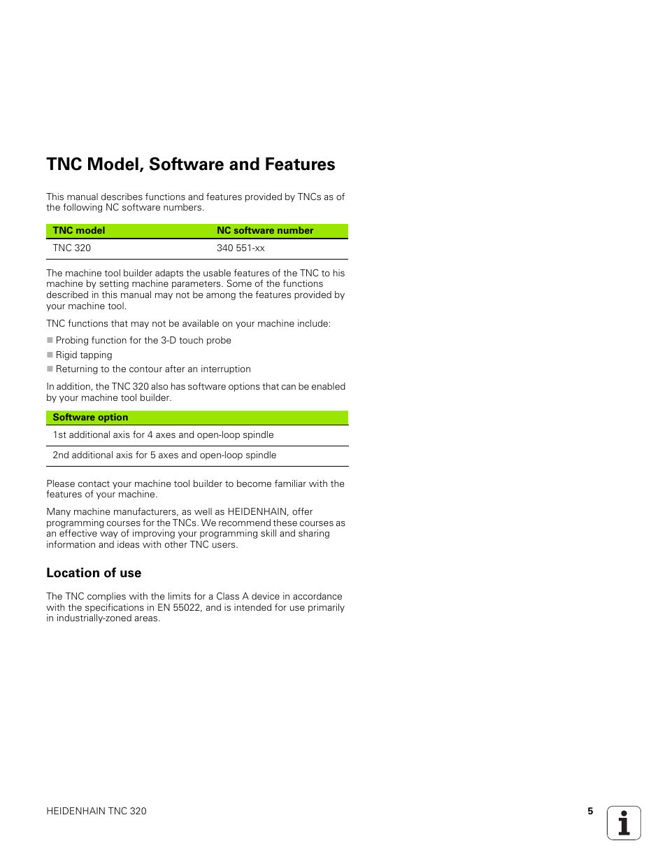 Tnc model, software and features, Location of use | HEIDENHAIN TNC 320 (340 551-01) User Manual | Page 5 / 463