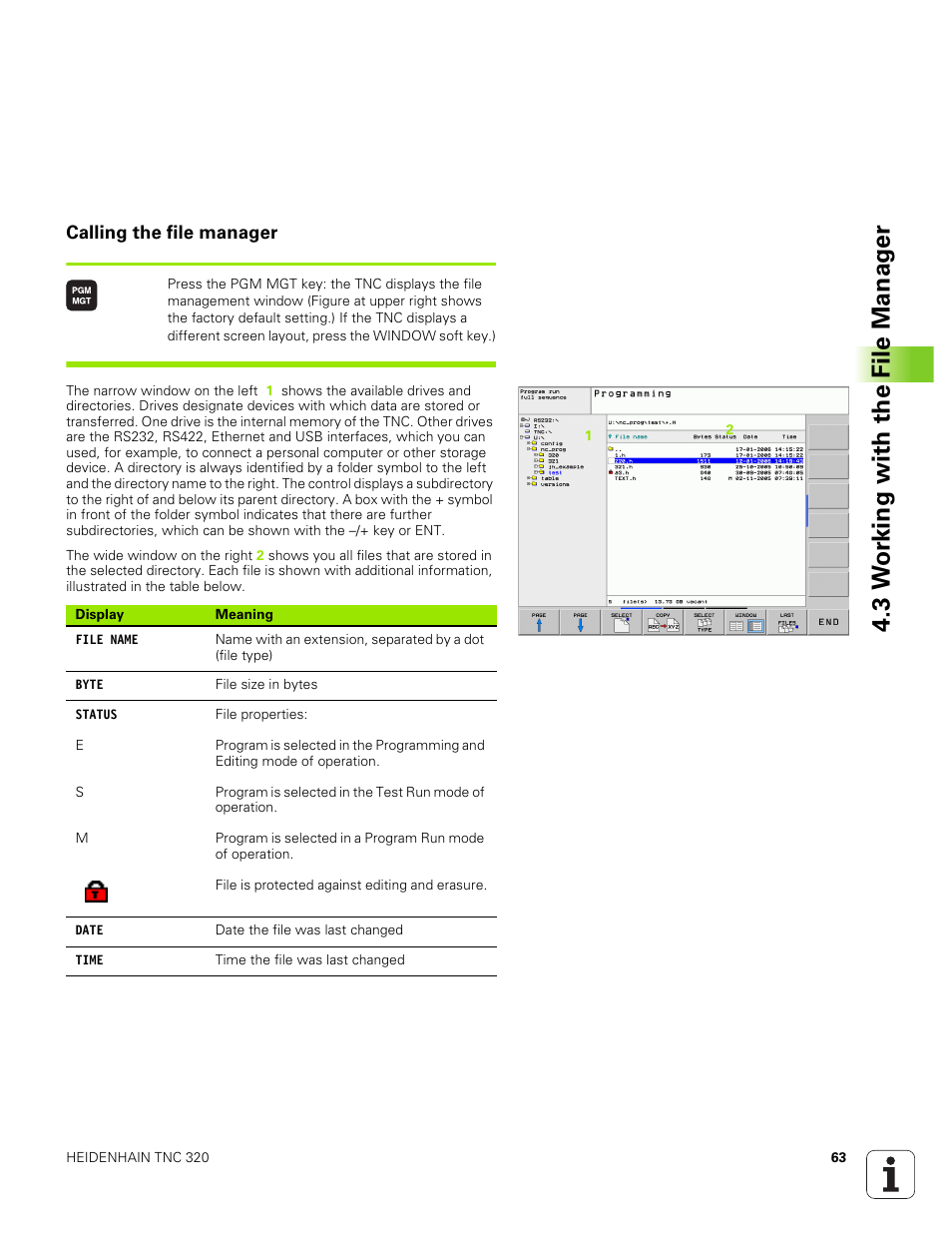 Calling the file manager, 3 w o rk ing with the file manag e r | HEIDENHAIN TNC 320 (340 551-01) User Manual | Page 63 / 463