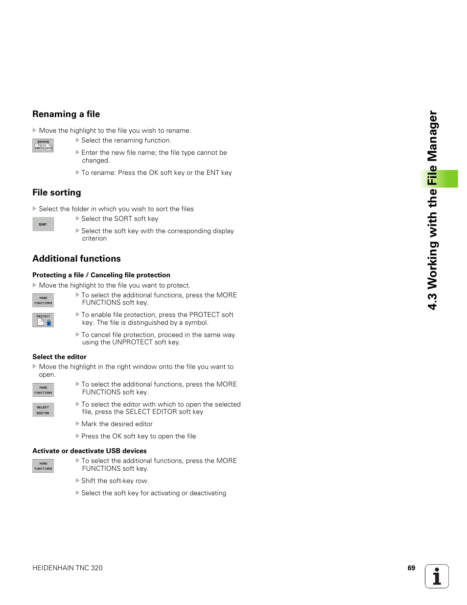 Renaming a file, File sorting, Additional functions | Rename a file, Protect a file against editing and erasure, Cancel file protection, 3 w o rk ing with the file manag e r | HEIDENHAIN TNC 320 (340 551-01) User Manual | Page 69 / 463