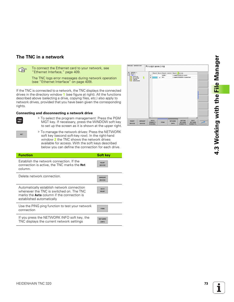 The tnc in a network, Manage network drives, 3 w o rk ing with the file manag e r | HEIDENHAIN TNC 320 (340 551-01) User Manual | Page 73 / 463