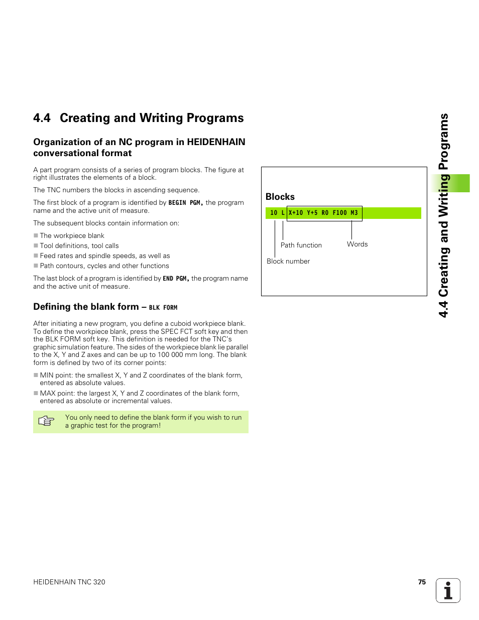 4 creating and writing programs, Defining the blank form - blk form, Defining the blank form | HEIDENHAIN TNC 320 (340 551-01) User Manual | Page 75 / 463