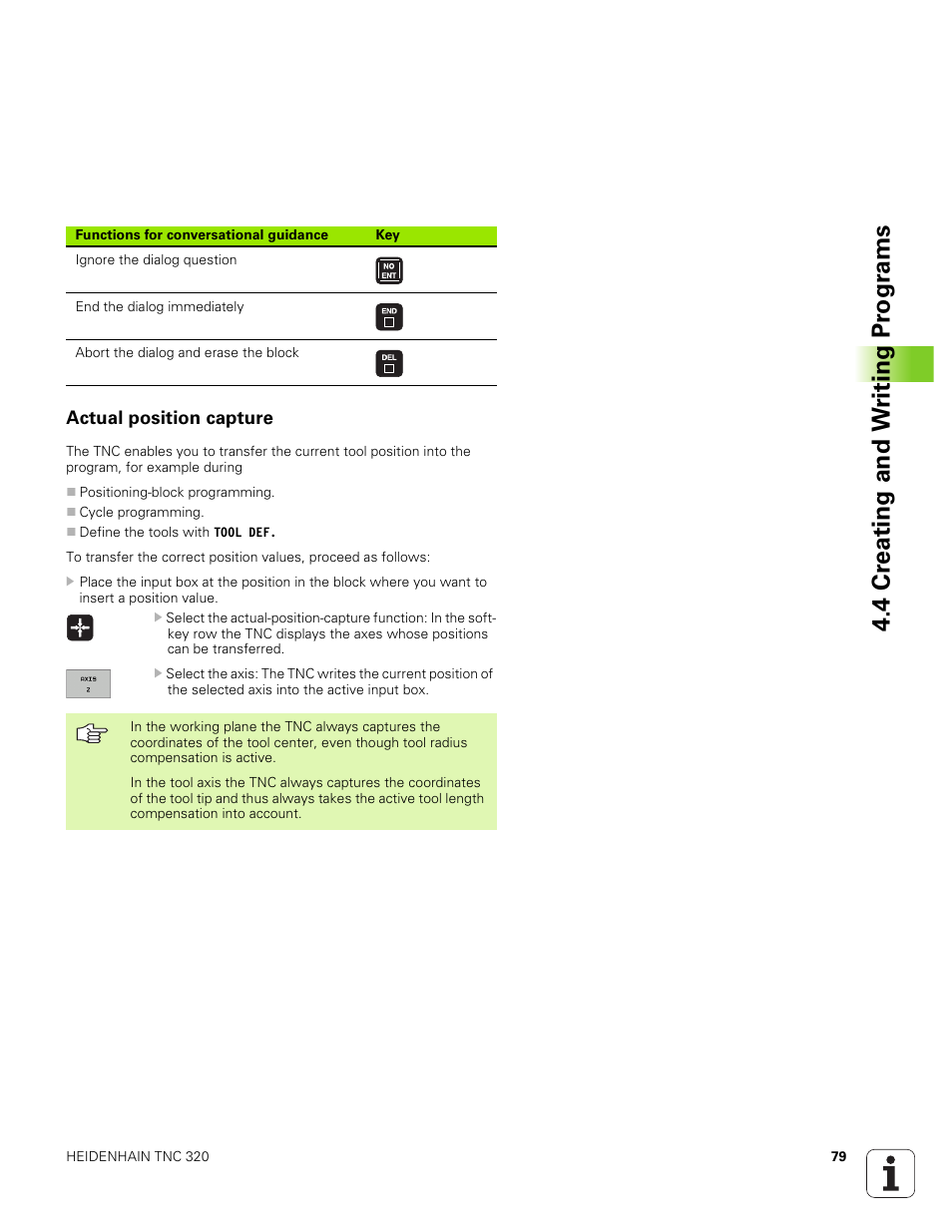 Actual position capture, 4 cr eating and w riting pr ogr ams | HEIDENHAIN TNC 320 (340 551-01) User Manual | Page 79 / 463