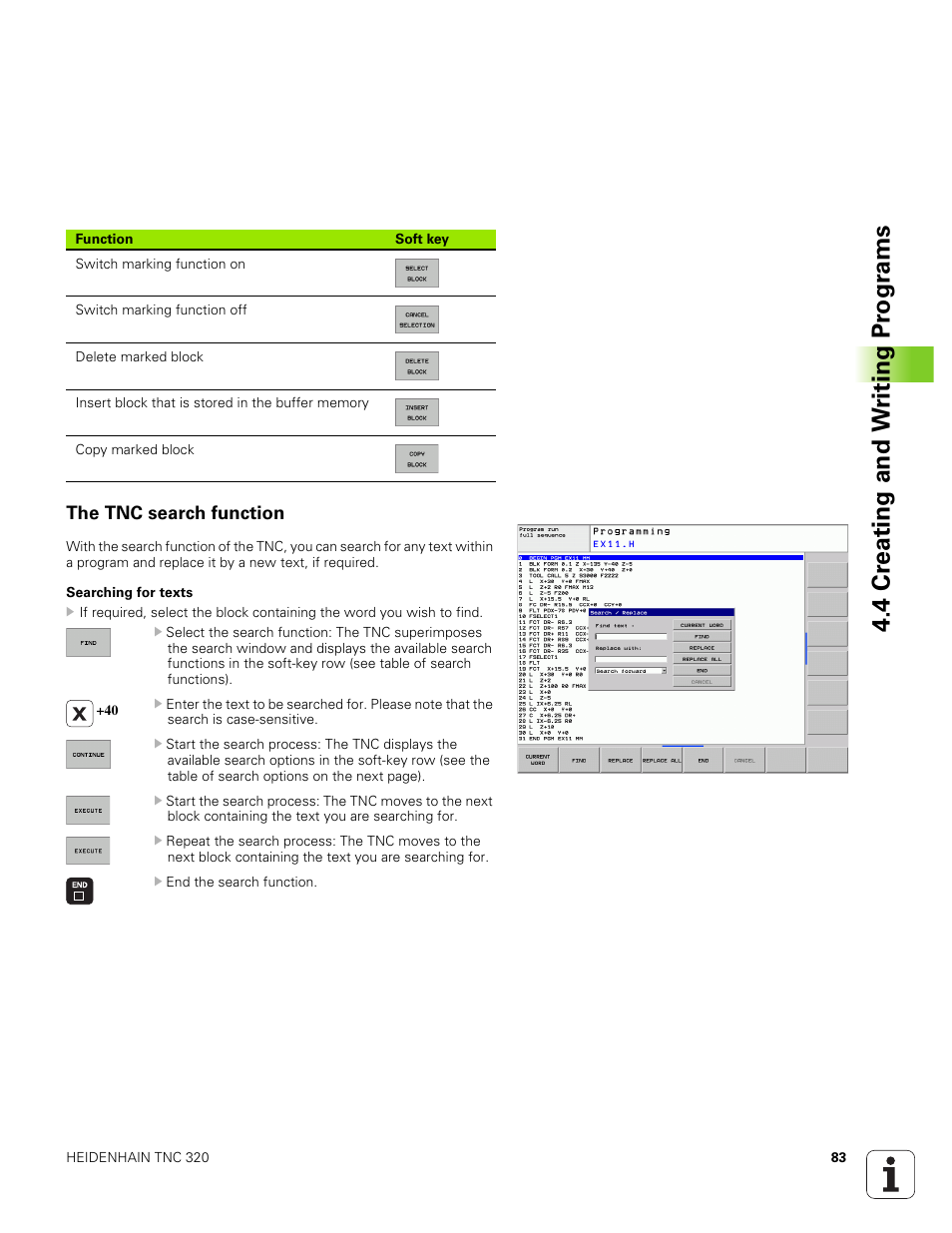 The tnc search function, 4 cr eating and w riting pr ogr ams | HEIDENHAIN TNC 320 (340 551-01) User Manual | Page 83 / 463