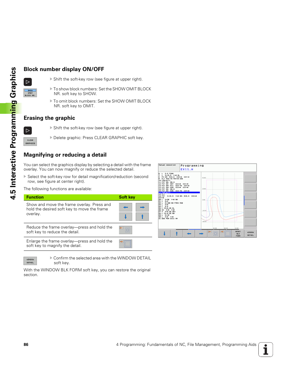 Block number display on/off, Erasing the graphic, Magnifying or reducing a detail | 5 int e ra ctiv e pr ogr a mming gr aphics | HEIDENHAIN TNC 320 (340 551-01) User Manual | Page 86 / 463