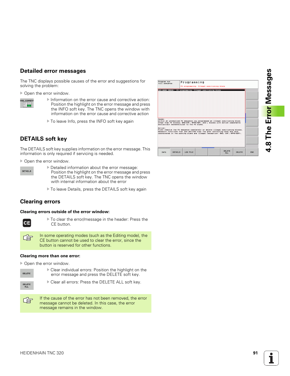 Detailed error messages, Details soft key, Clearing errors | 8 th e er ro r messag e s | HEIDENHAIN TNC 320 (340 551-01) User Manual | Page 91 / 463