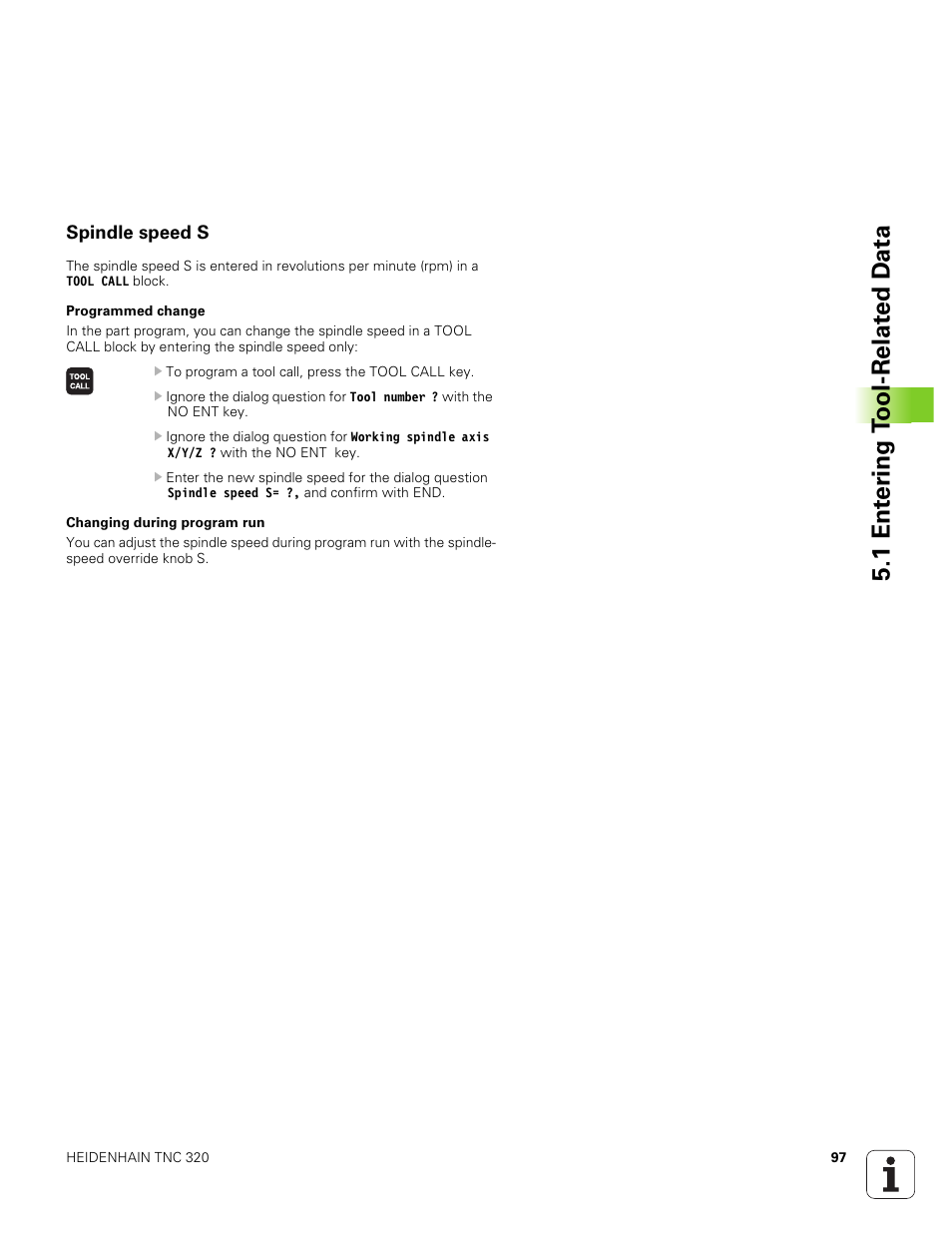 Spindle speed s, 1 ent er ing t o ol-relat ed d a ta | HEIDENHAIN TNC 320 (340 551-01) User Manual | Page 97 / 463