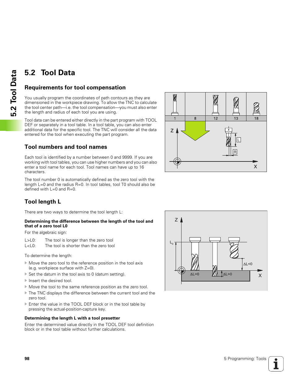 2 tool data, Requirements for tool compensation, Tool numbers and tool names | Tool length l, 2 t o ol d a ta 5.2 tool data | HEIDENHAIN TNC 320 (340 551-01) User Manual | Page 98 / 463