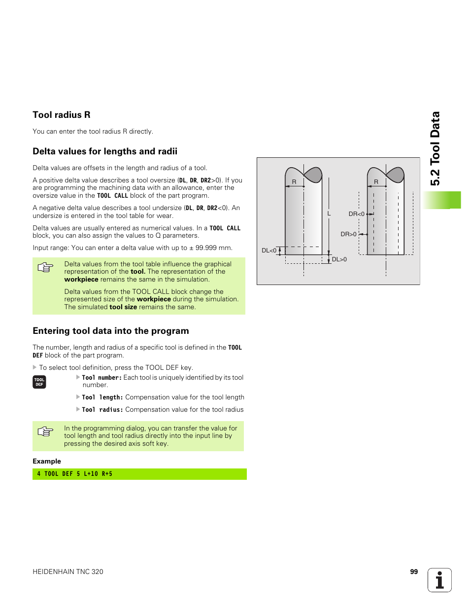 Tool radius r, Delta values for lengths and radii, Entering tool data into the program | 2 t o ol d a ta | HEIDENHAIN TNC 320 (340 551-01) User Manual | Page 99 / 463