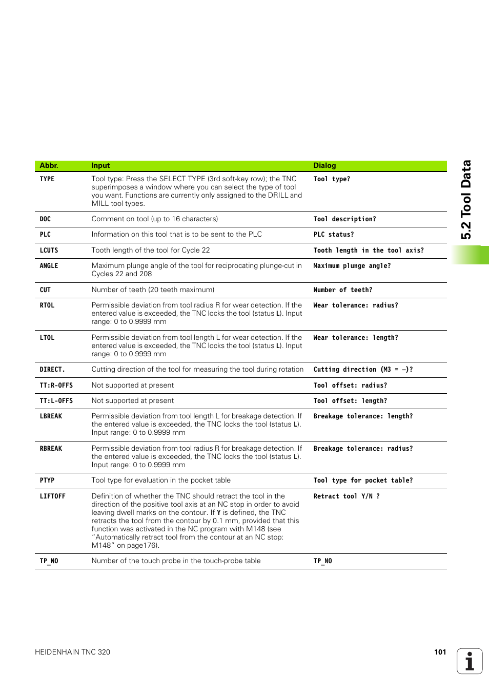 2 t o ol d a ta | HEIDENHAIN TNC 320 (340 551-02) User Manual | Page 101 / 493