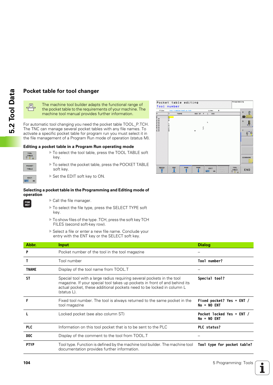 Pocket table for tool changer, 2 t o ol d a ta | HEIDENHAIN TNC 320 (340 551-02) User Manual | Page 104 / 493