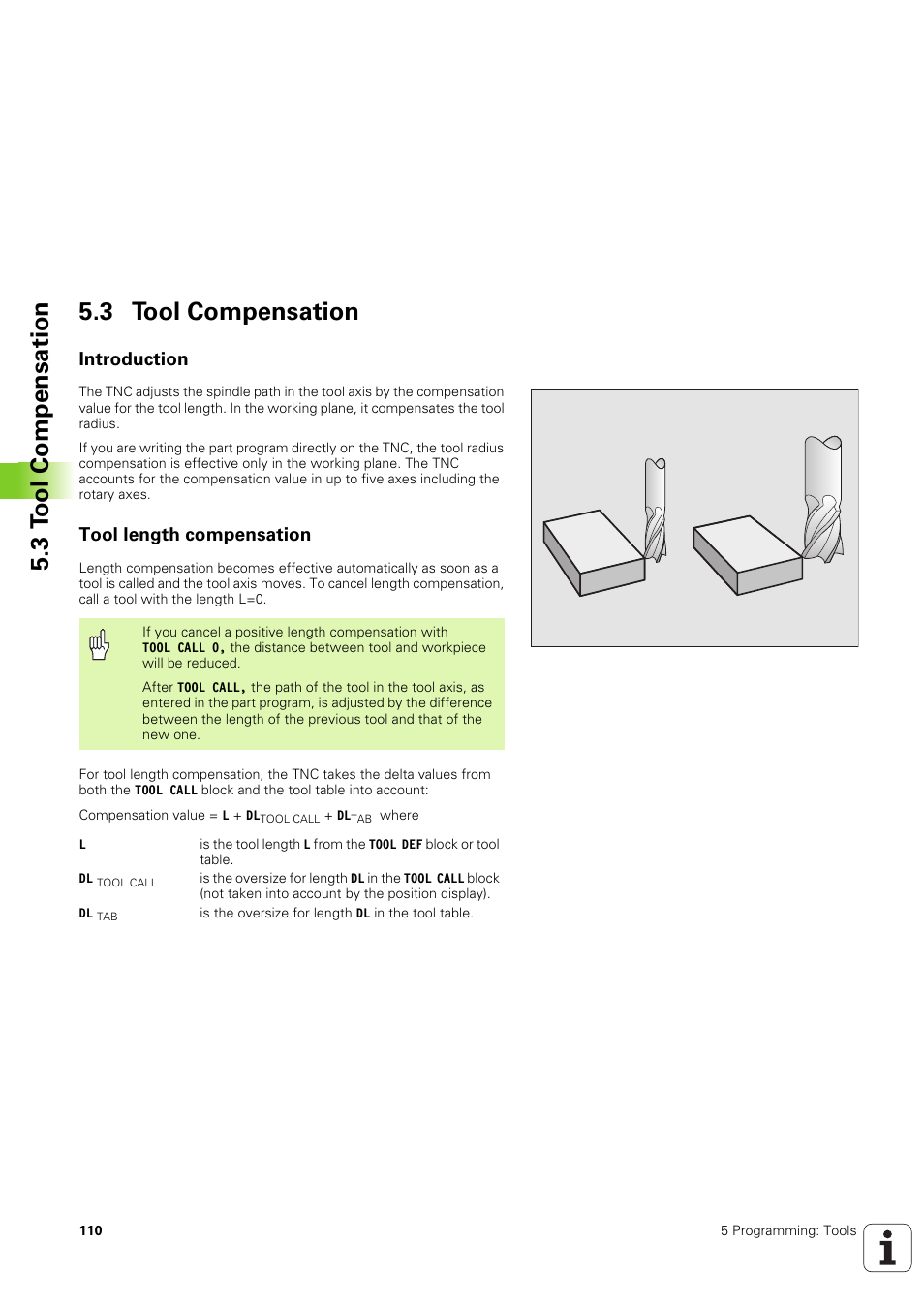 3 tool compensation, Introduction, Tool length compensation | 3 t o ol compensation 5.3 tool compensation | HEIDENHAIN TNC 320 (340 551-02) User Manual | Page 110 / 493