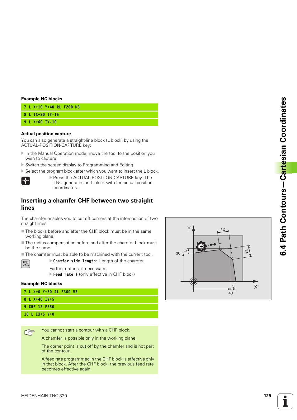 Inserting a chamfer chf between two straight lines, Chamfer chf, Chamfer between two straight lines | Chamfer side length, 4 p a th cont ours—car te sian coor dinat e s | HEIDENHAIN TNC 320 (340 551-02) User Manual | Page 129 / 493