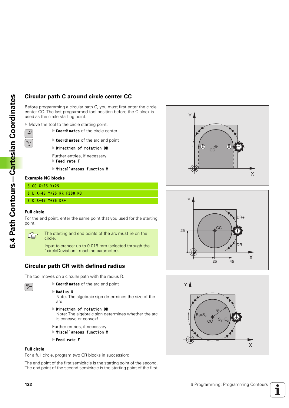 Circular path c around circle center cc, Circular path cr with defined radius, Circle c | Circular arc cr, Circular arc with a certain radius, 4 p a th cont ours—car te sian coor dinat e s | HEIDENHAIN TNC 320 (340 551-02) User Manual | Page 132 / 493