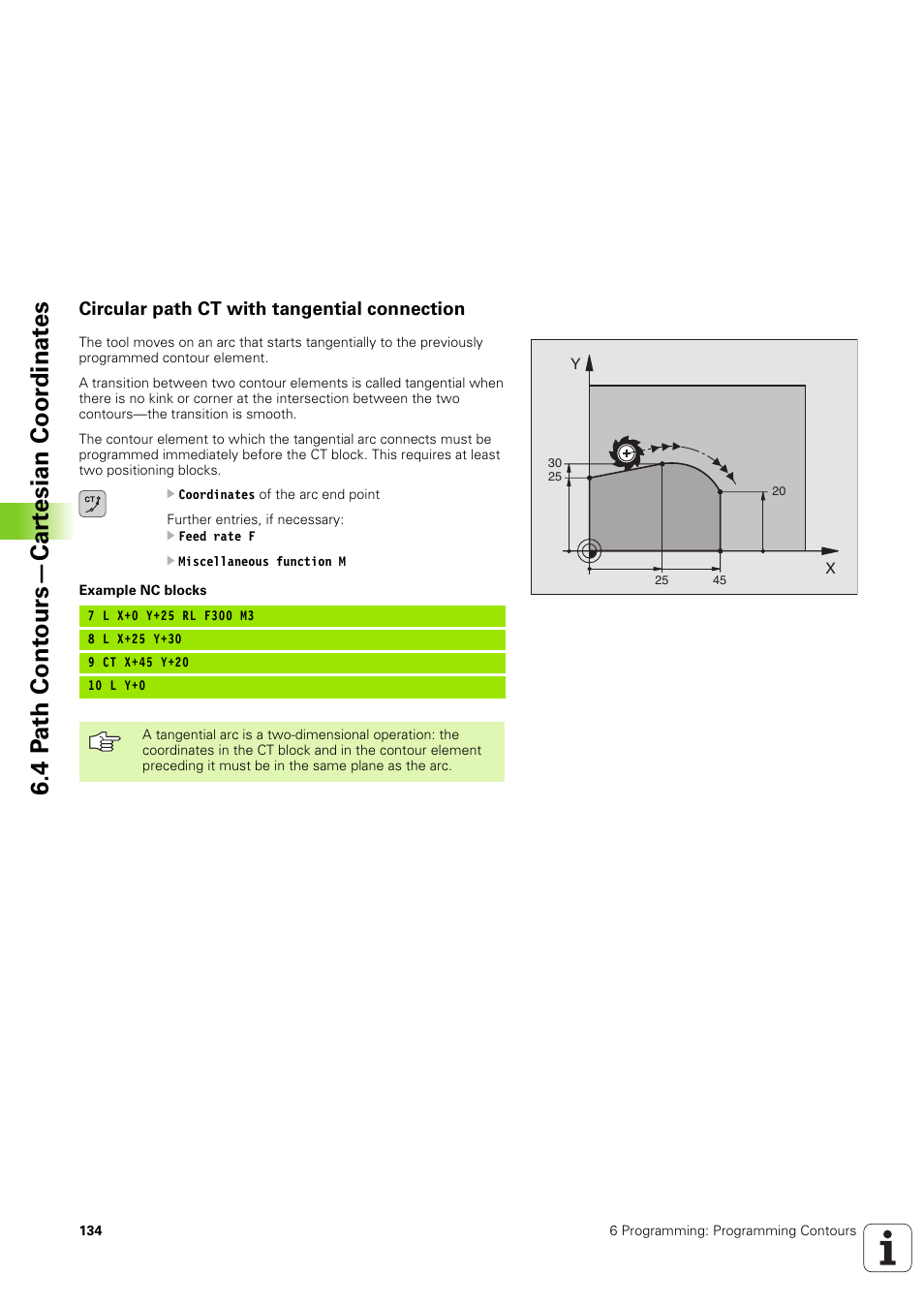 Circular path ct with tangential connection, Circular arc ct, Coordinates of the arc end point | 4 p a th cont ours—car te sian coor dinat e s | HEIDENHAIN TNC 320 (340 551-02) User Manual | Page 134 / 493