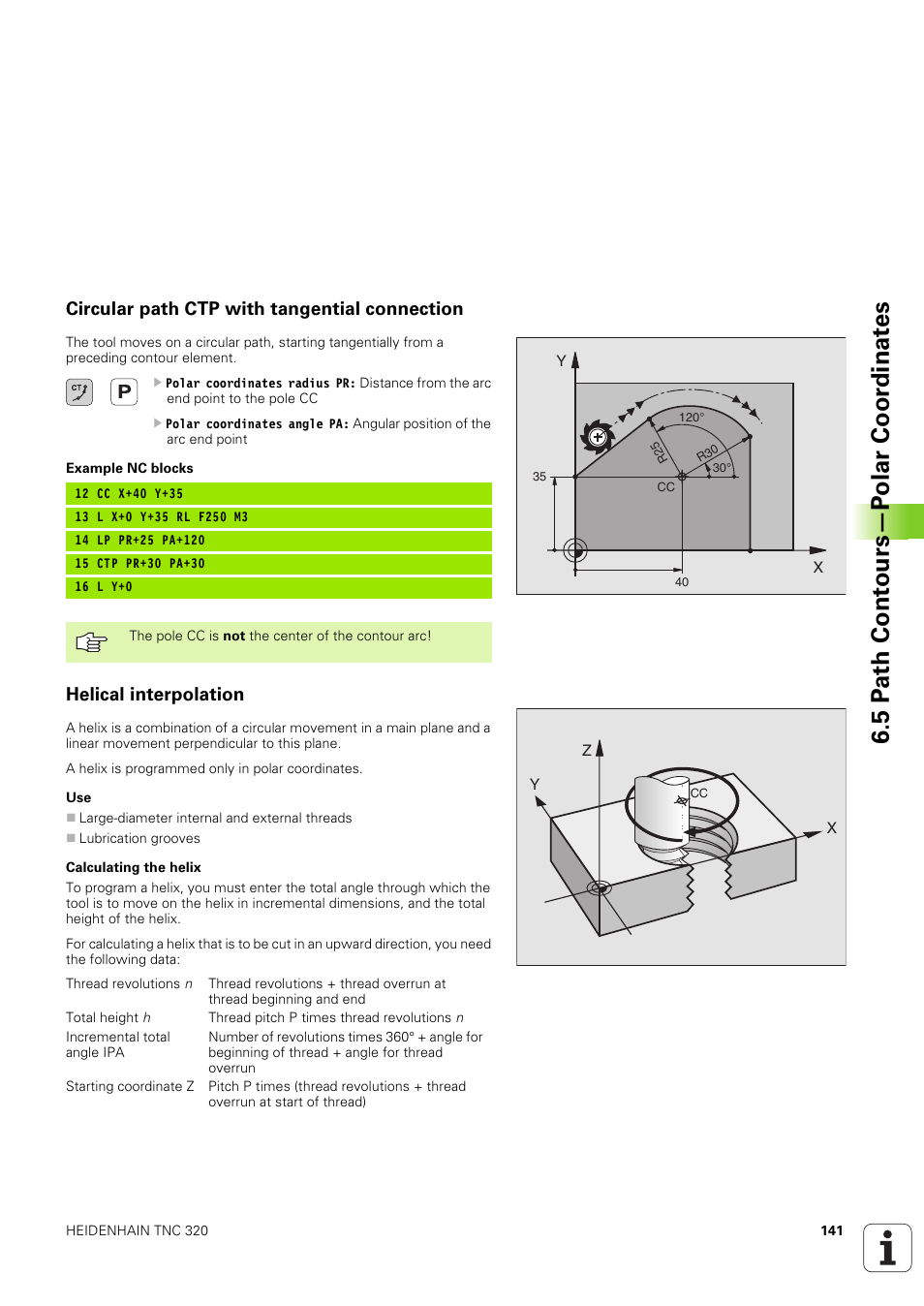 Circular path ctp with tangential connection, Helical interpolation, Circular arc ctp | Polar radius, polar angle of the arc end point, Combination of a circular and a linear movement, 5 p a th cont ours—p olar coor dinat e s | HEIDENHAIN TNC 320 (340 551-02) User Manual | Page 141 / 493