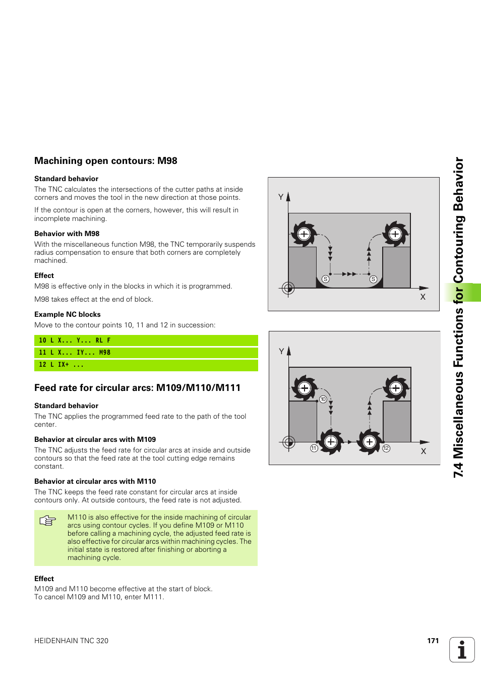 Machining open contours: m98, Feed rate for circular arcs: m109/m110/m111 | HEIDENHAIN TNC 320 (340 551-02) User Manual | Page 171 / 493