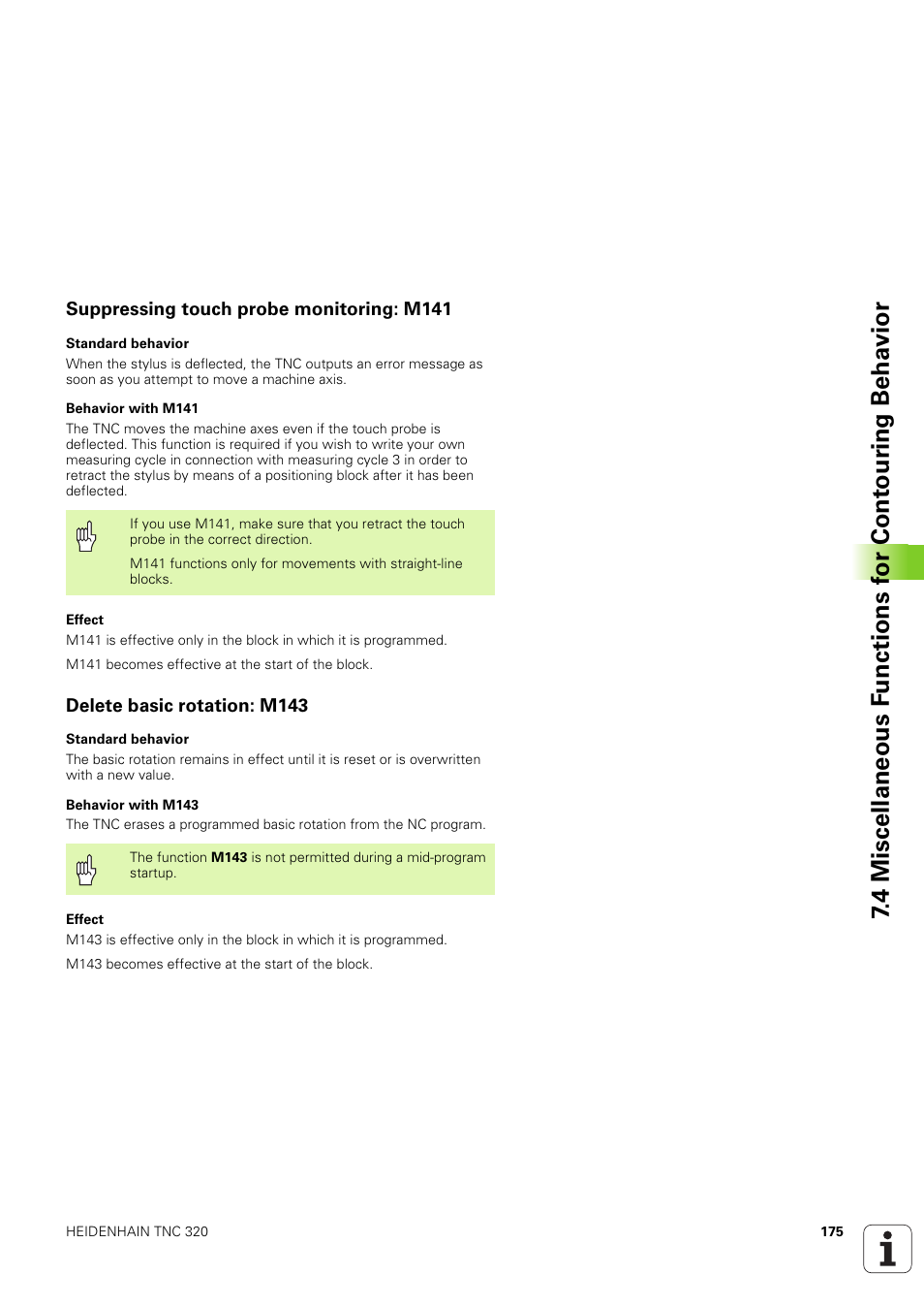 Suppressing touch probe monitoring: m141, Delete basic rotation: m143 | HEIDENHAIN TNC 320 (340 551-02) User Manual | Page 175 / 493