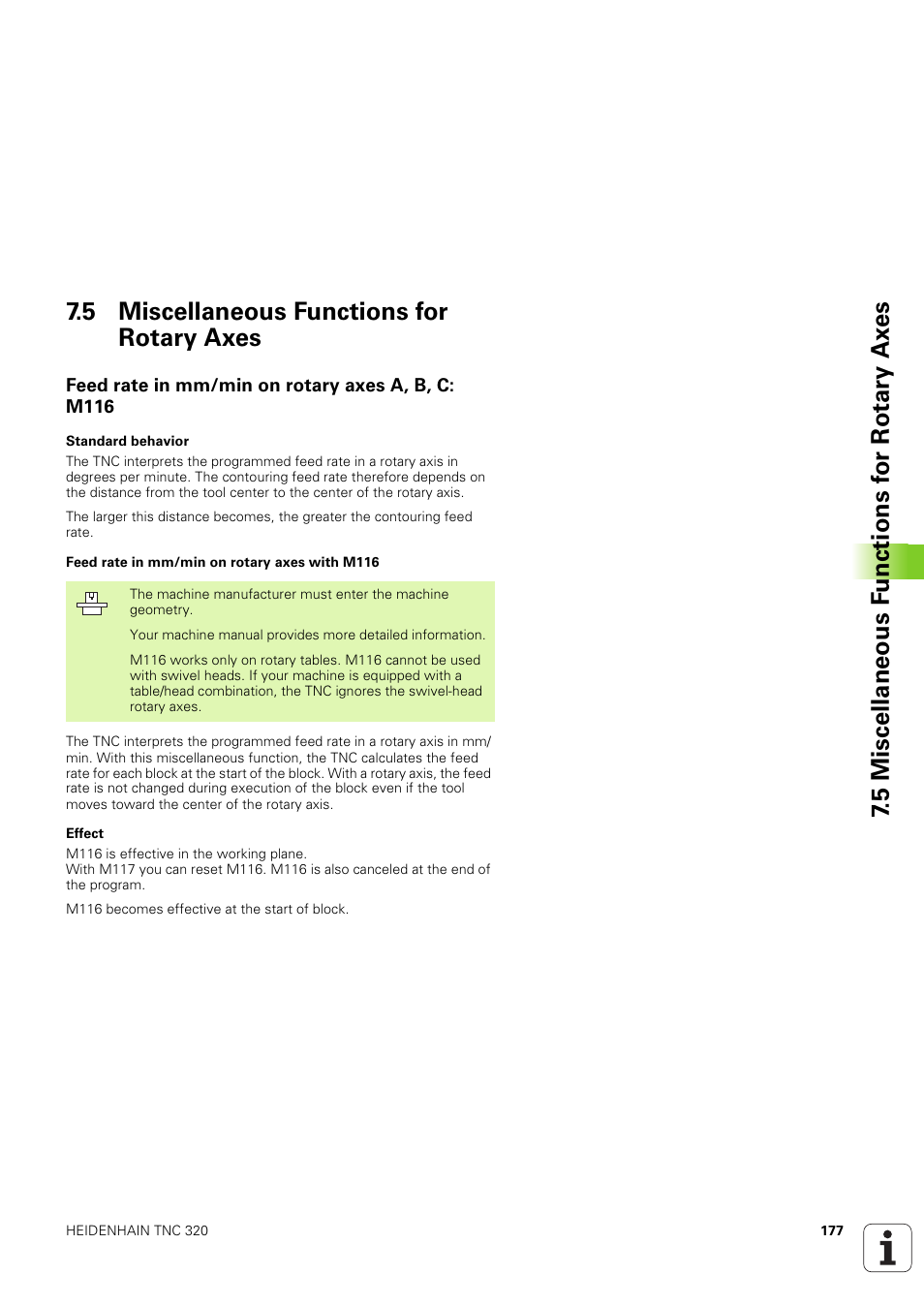 5 miscellaneous functions for rotary axes, Feed rate in mm/min on rotary axes a, b, c: m116 | HEIDENHAIN TNC 320 (340 551-02) User Manual | Page 177 / 493