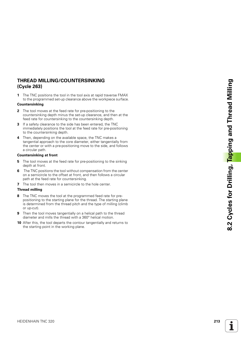 Thread milling/countersinking (cycle 263) | HEIDENHAIN TNC 320 (340 551-02) User Manual | Page 213 / 493