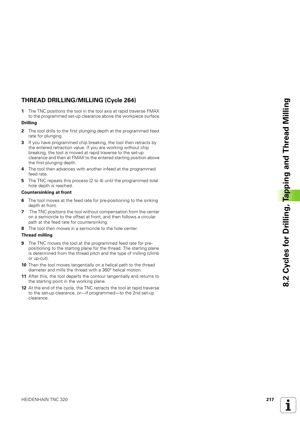 Thread drilling/milling (cycle 264) | HEIDENHAIN TNC 320 (340 551-02) User Manual | Page 217 / 493