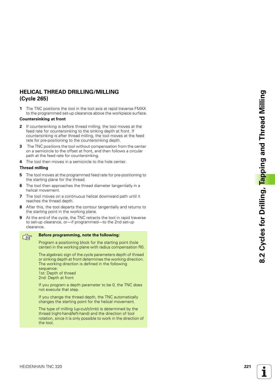 Helical thread drilling/milling (cycle 265) | HEIDENHAIN TNC 320 (340 551-02) User Manual | Page 221 / 493