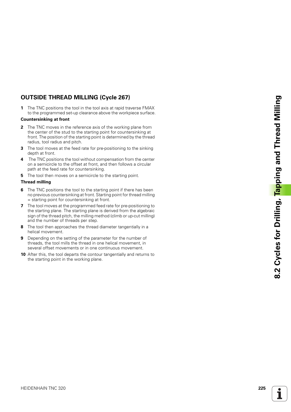 Outside thread milling (cycle 267) | HEIDENHAIN TNC 320 (340 551-02) User Manual | Page 225 / 493