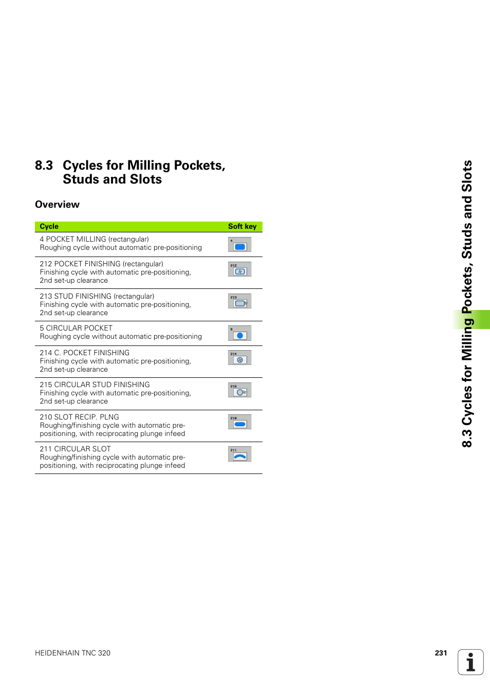 3 cycles for milling pockets, studs and slots, Overview, Cycles for milling pockets, studs and slots | HEIDENHAIN TNC 320 (340 551-02) User Manual | Page 231 / 493