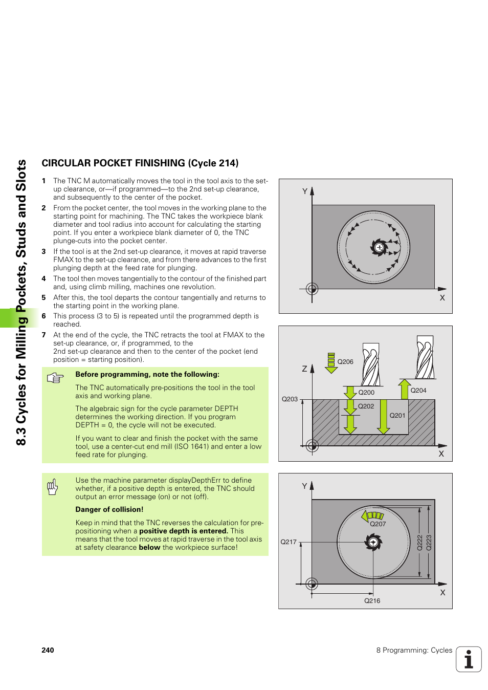 Circular pocket finishing (cycle 214) | HEIDENHAIN TNC 320 (340 551-02) User Manual | Page 240 / 493