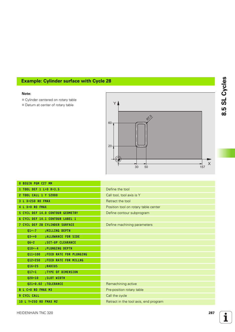 5 sl cy cles, Example: cylinder surface with cycle 28 | HEIDENHAIN TNC 320 (340 551-02) User Manual | Page 287 / 493