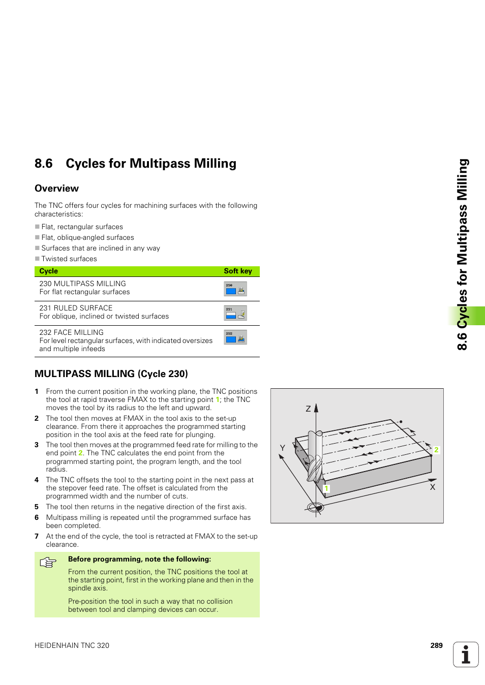 6 cycles for multipass milling, Overview, Multipass milling (cycle 230) | HEIDENHAIN TNC 320 (340 551-02) User Manual | Page 289 / 493