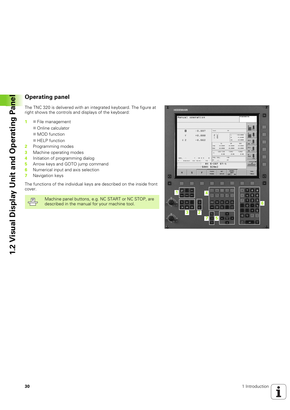 Operating panel, 2 v isual displa y unit and oper ating p a nel | HEIDENHAIN TNC 320 (340 551-02) User Manual | Page 30 / 493