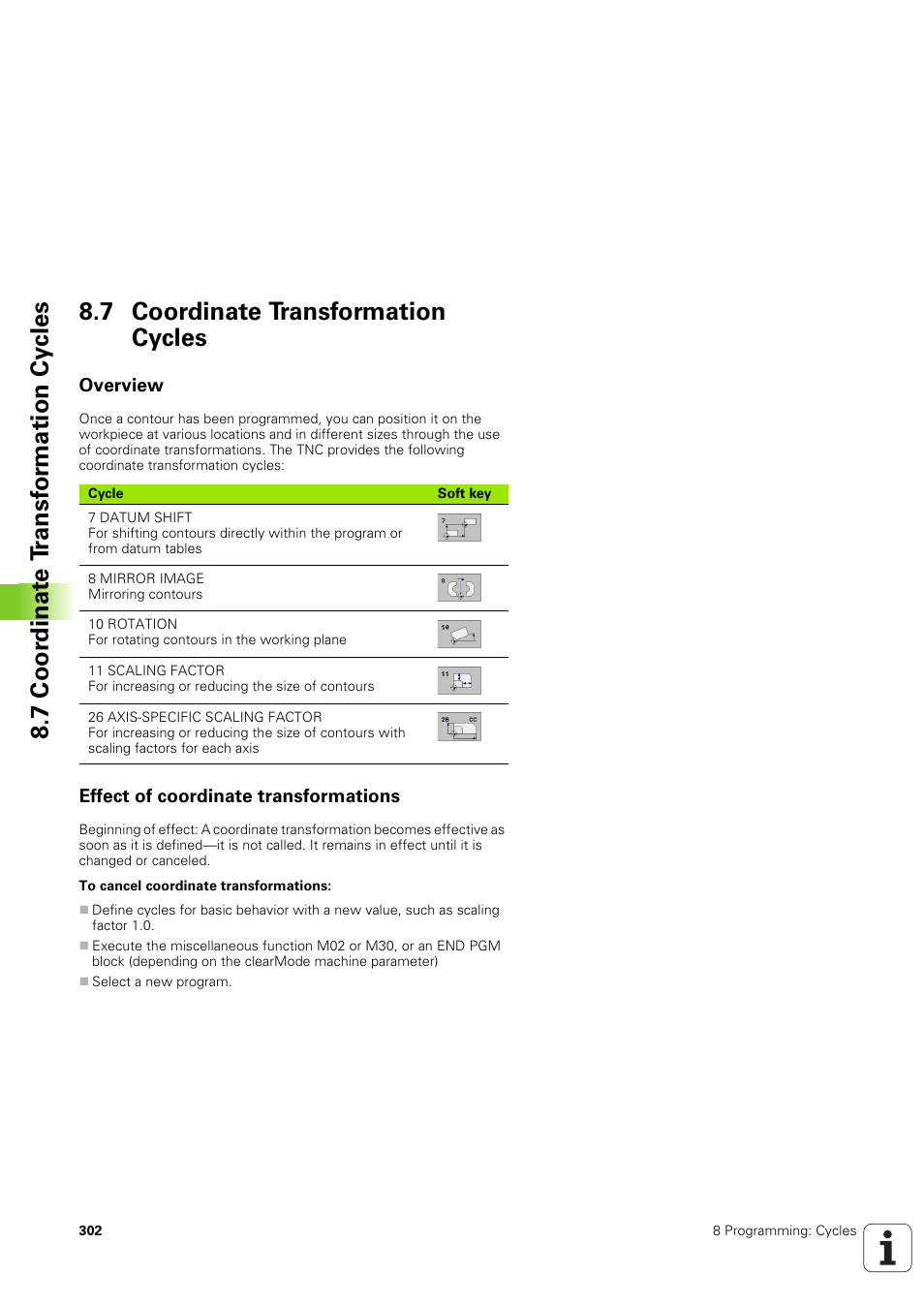 7 coordinate transformation cycles, Overview, Effect of coordinate transformations | HEIDENHAIN TNC 320 (340 551-02) User Manual | Page 302 / 493