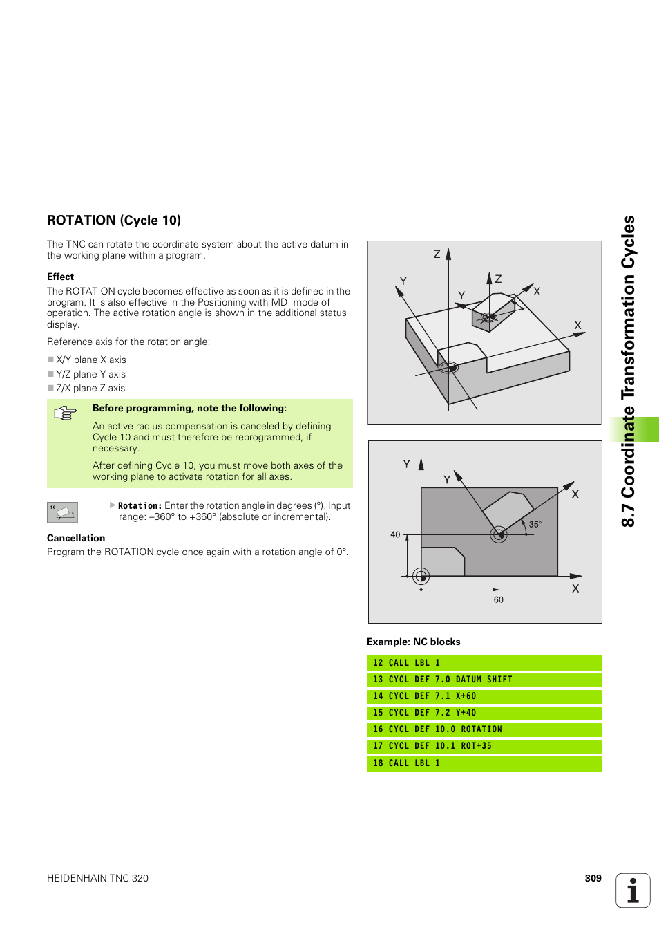 Rotation (cycle 10), 7 coor dinat e t ransf or mation cy cles | HEIDENHAIN TNC 320 (340 551-02) User Manual | Page 309 / 493