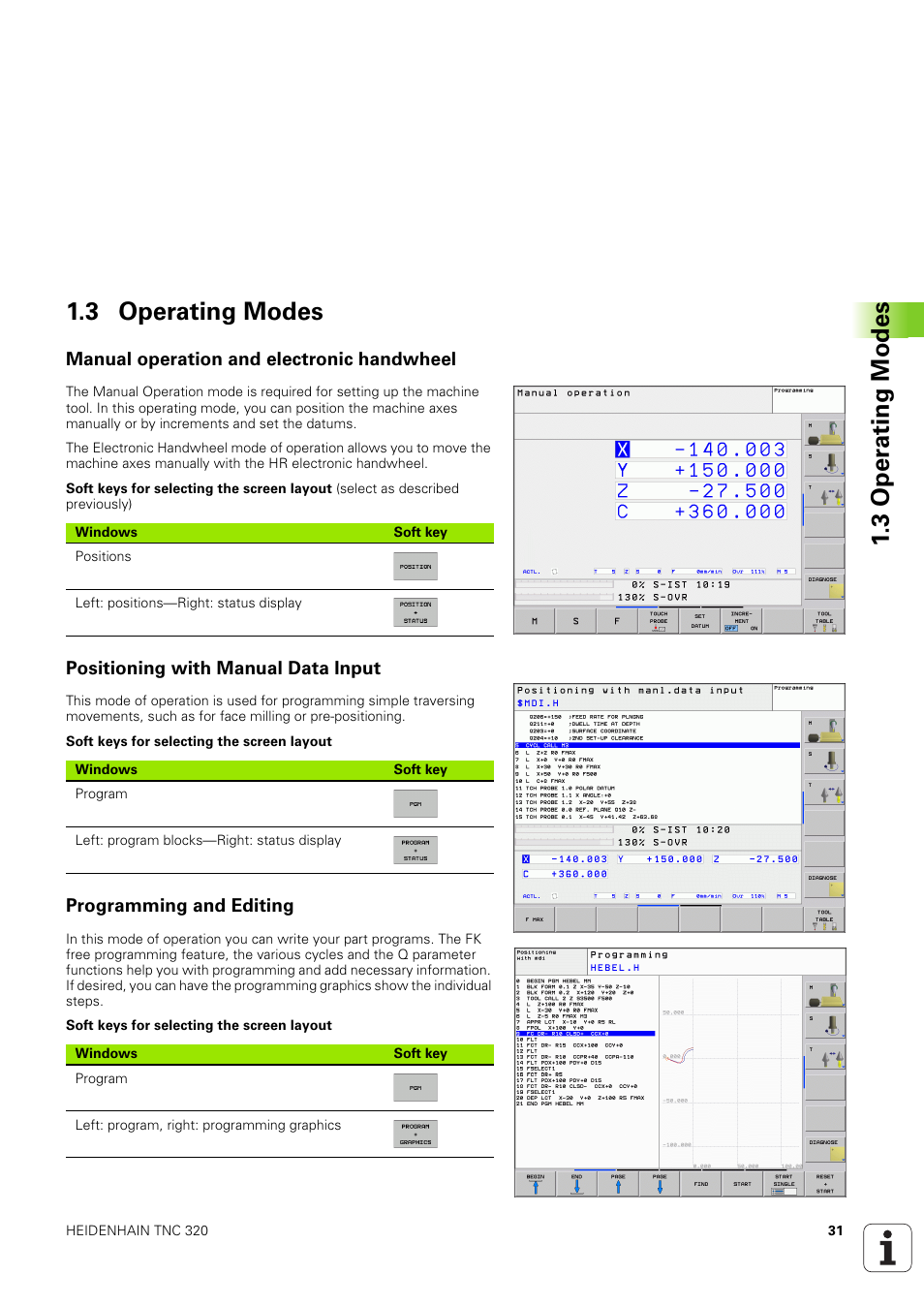 3 operating modes, Manual operation and electronic handwheel, Positioning with manual data input | Programming and editing, 3 oper ating modes 1.3 operating modes | HEIDENHAIN TNC 320 (340 551-02) User Manual | Page 31 / 493