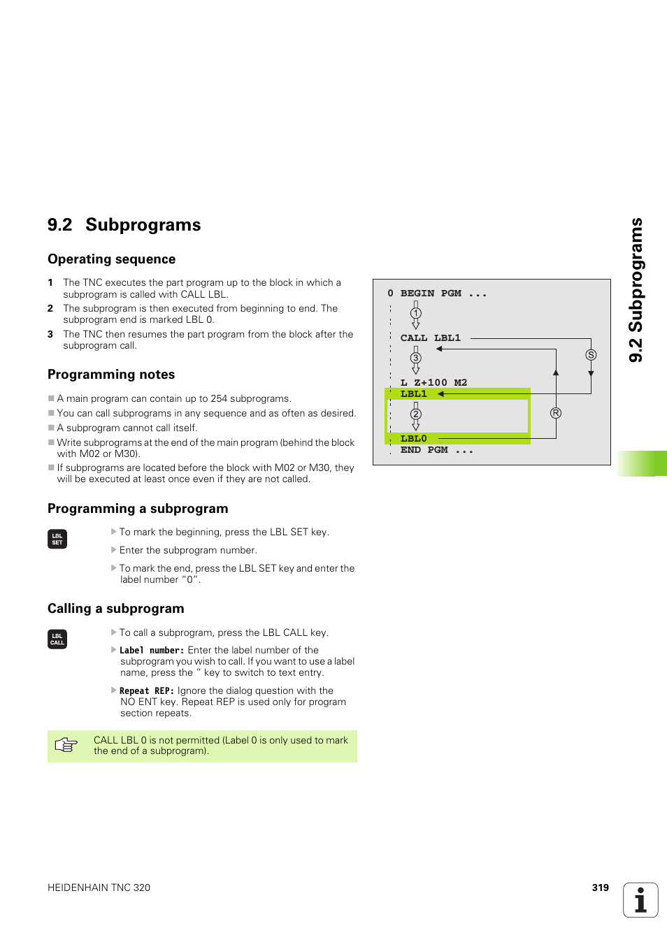 2 subprograms, Operating sequence, Programming notes | Programming a subprogram, Calling a subprogram, 2 subpr o gr ams 9.2 subprograms | HEIDENHAIN TNC 320 (340 551-02) User Manual | Page 319 / 493