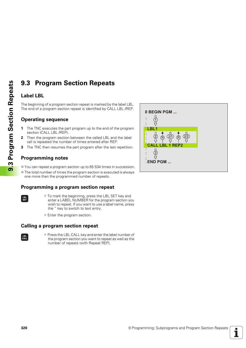 3 program section repeats, Label lbl, Operating sequence | Programming notes, Programming a program section repeat, Calling a program section repeat | HEIDENHAIN TNC 320 (340 551-02) User Manual | Page 320 / 493