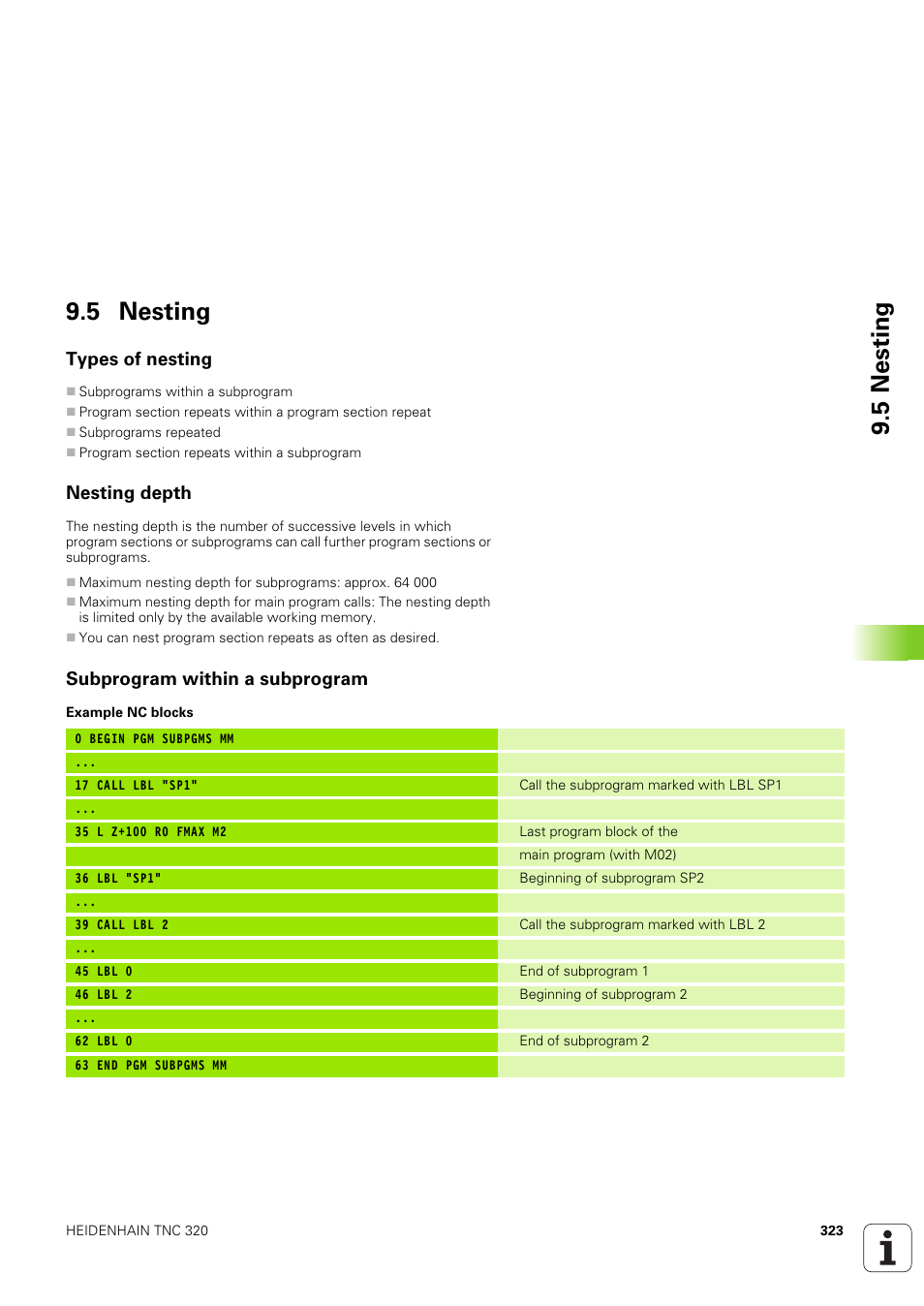 5 nesting, Types of nesting, Nesting depth | Subprogram within a subprogram | HEIDENHAIN TNC 320 (340 551-02) User Manual | Page 323 / 493