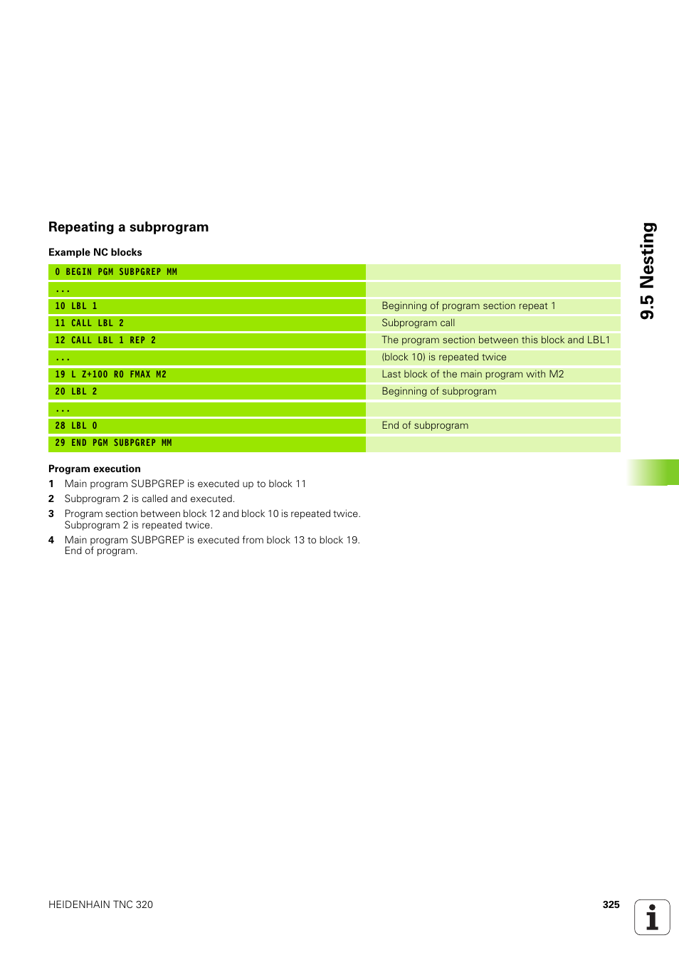 Repeating a subprogram, 5 nesting | HEIDENHAIN TNC 320 (340 551-02) User Manual | Page 325 / 493