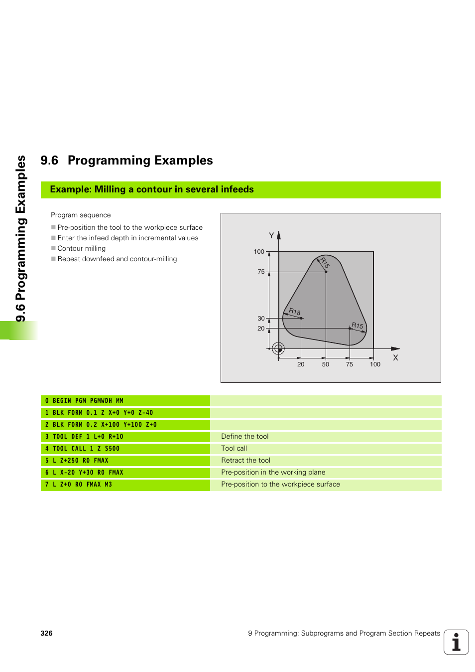 6 programming examples, 6 pr ogr a mming examples 9.6 programming examples, Example: milling a contour in several infeeds | HEIDENHAIN TNC 320 (340 551-02) User Manual | Page 326 / 493