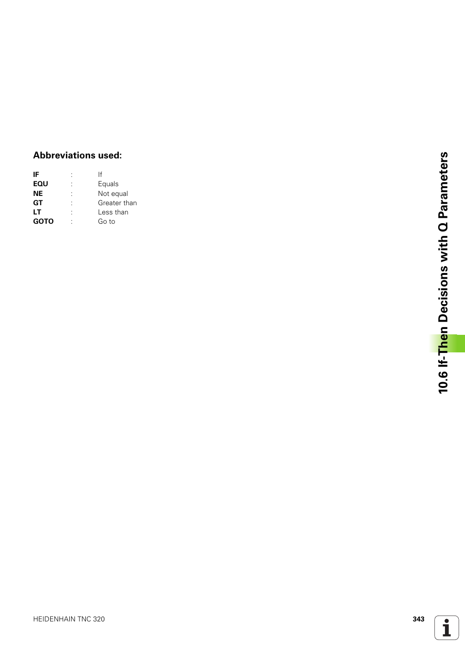 Abbreviations used, 10 .6 if-then decisions with q p ar amet ers | HEIDENHAIN TNC 320 (340 551-02) User Manual | Page 343 / 493