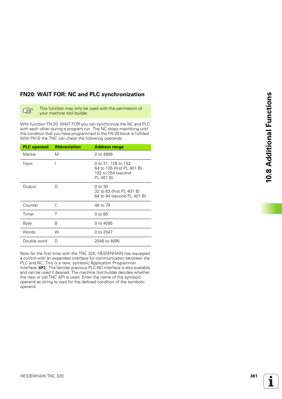 Fn20: wait for: nc and plc synchronization, 10 .8 a d ditional f u nctions | HEIDENHAIN TNC 320 (340 551-02) User Manual | Page 361 / 493