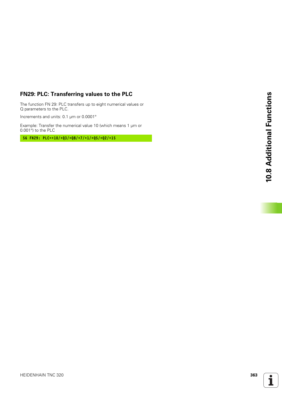 Fn29: plc: transferring values to the plc, 10 .8 a d ditional f u nctions | HEIDENHAIN TNC 320 (340 551-02) User Manual | Page 363 / 493